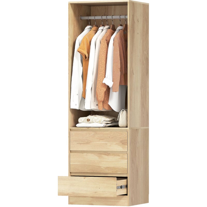 foto del prodotto mobile guardaroba con asta, ripiano aperto e 3 cassetti color teak homcom