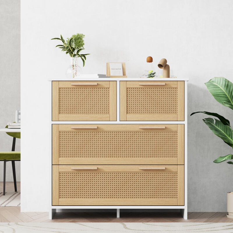 foto del prodotto mobile in rattan di alta qualit a 4 cassetti con maniglie in legno massiccio adatto per camera da letto, soggiorno, sala da pranzo, corridoio