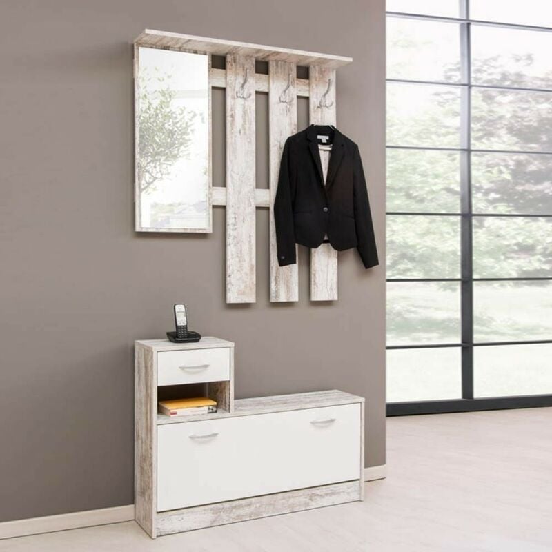 foto del prodotto mobile ingresso 100x180h cm con specchio e appendiabiti colore bianco consumato rudolf