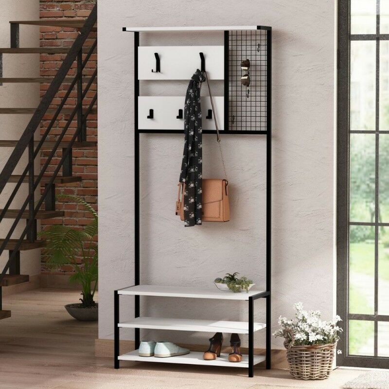 foto del prodotto mobile ingresso 78 cm in legno con appendiabiti in metallo nero e particolari colore bianco nomad