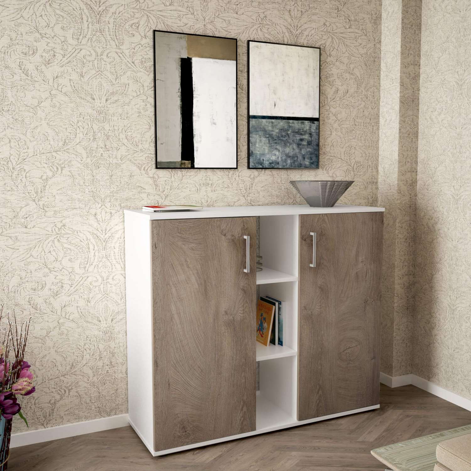 foto del prodotto mobile ingresso con 2 ante e 3 mensole di colore bianco e rovere chiaro mod. franck