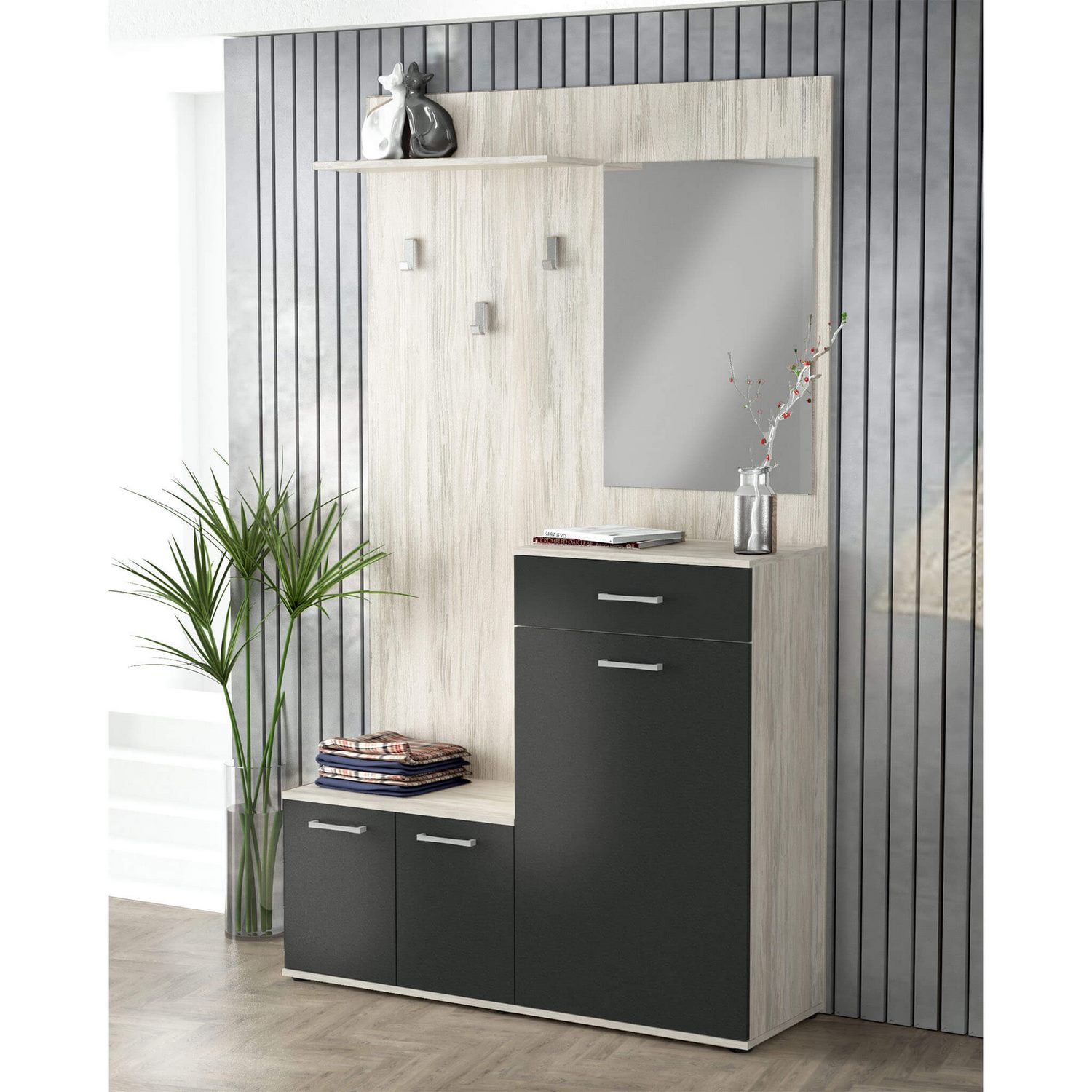 foto del prodotto mobile ingresso con cappelliera specchiera appendiabiti e 2 ante contenitive di colore antracite e pino chiaro mod. smeraldo