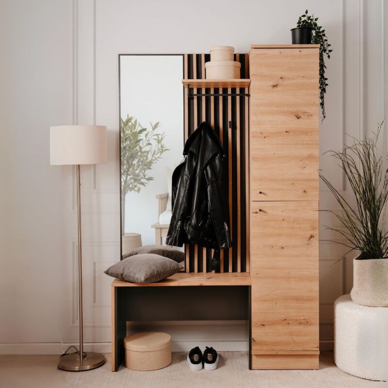 foto del prodotto mobile ingresso con frontale cannettato e specchio colore quercia e antracite 122x190h cm medan