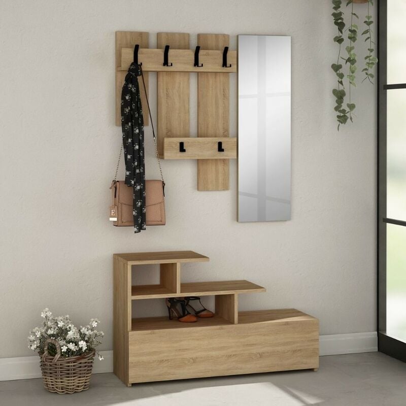 foto del prodotto mobile ingresso con scarpiera e specchio colore rovere oak 100x122h cm vesty