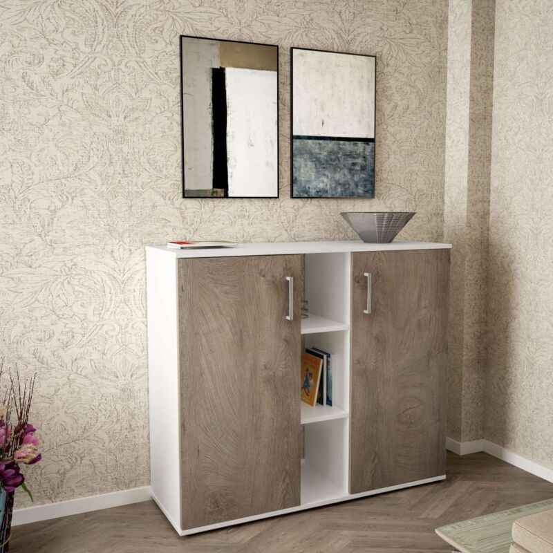 foto del prodotto mobile ingresso moderno con 2 ante battenti e 3 mensole di colore bianco e rovere chiaro mod. franck