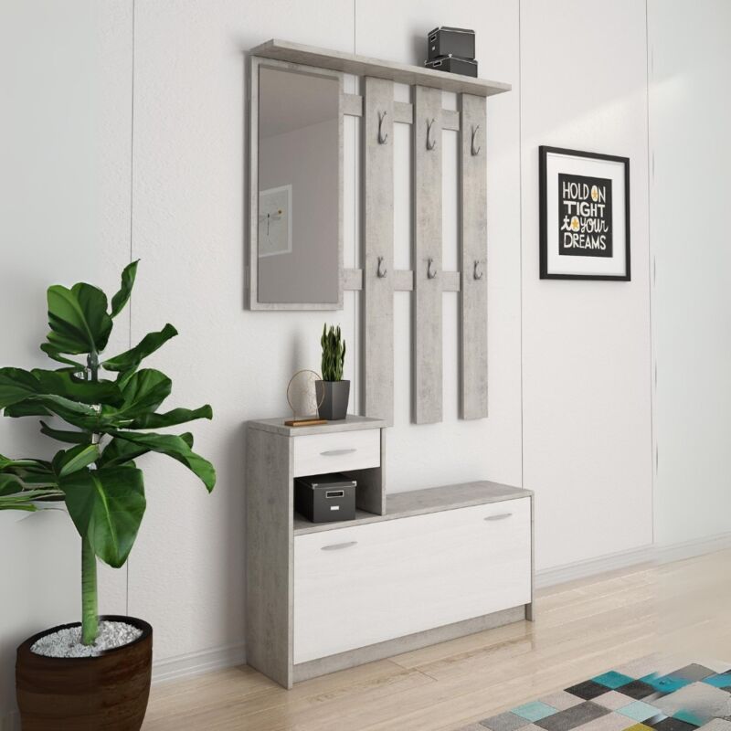 foto del prodotto mobile ingresso rudolf con scarpiera colore beton e bianco 100x25,5x190