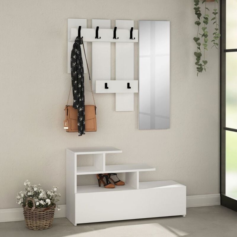 foto del prodotto mobile ingresso scarpiera appendiabiti e specchio 100x30x61 cm in mdf vesty bianco