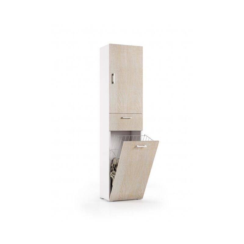foto del prodotto mobile lavanderia 45x32x195 cm bianco e rovere chiaro con anta, cassetto e cestello portabiancheria acero