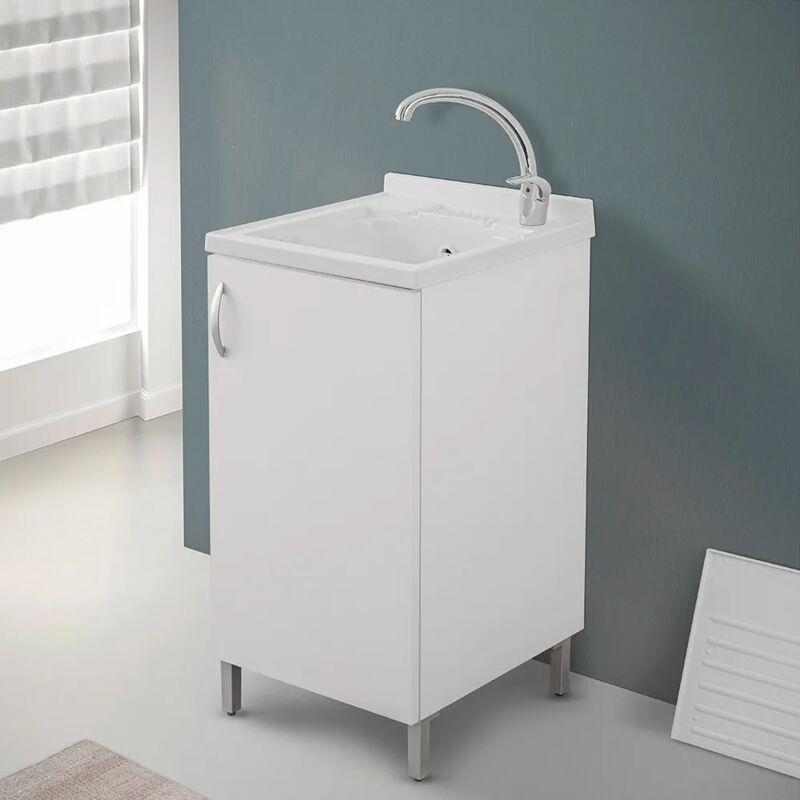 foto del prodotto mobile lavatoio 45 bianco con vasca in resina completa di asse