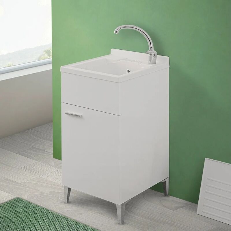 foto del prodotto mobile lavatoio 45x50 bianco con vasca in resina completo di asse lavapanni