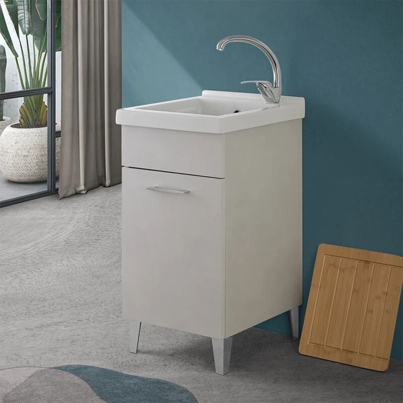 foto del prodotto mobile lavatoio 45x50 cm grigio calce vasca in ceramica e kit di scarico moon