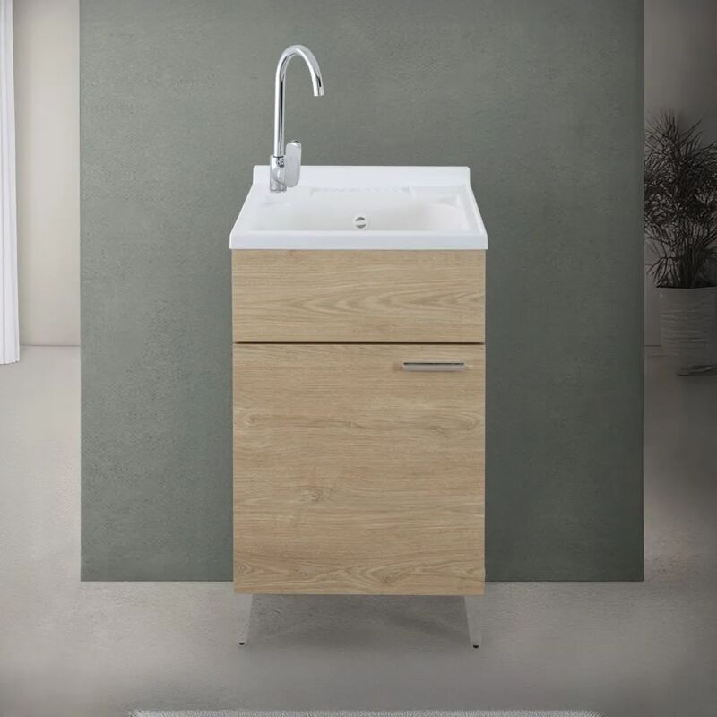 foto del prodotto mobile lavatoio 50x50 cm rovere con vasca in resina e asse lavapanni