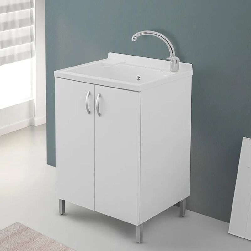 foto del prodotto mobile lavatoio 60x50 bianco con asse strofinatoio e kit scarico