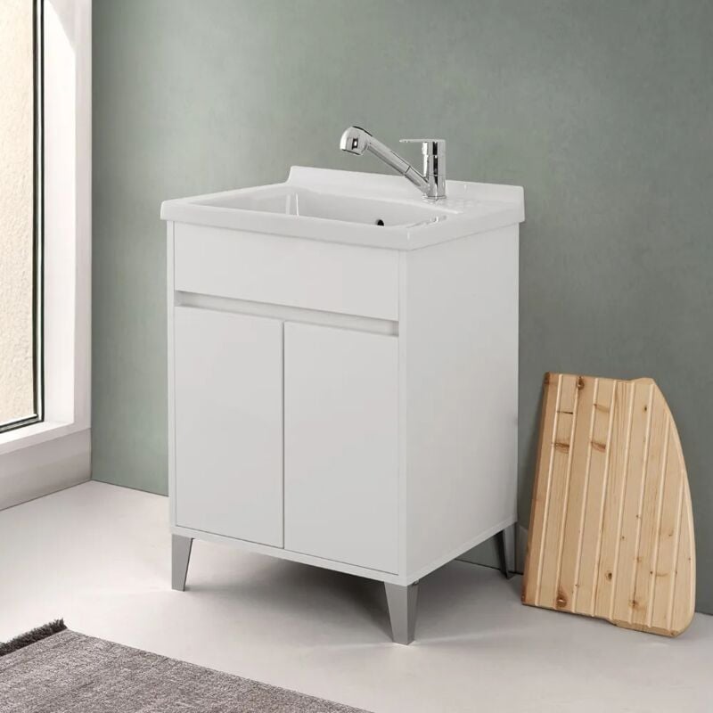 foto del prodotto mobile lavatoio 60x50 bianco lucido way con vasca in ceramica dolomite