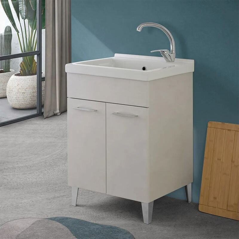 foto del prodotto mobile lavatoio 60x50 cm grigio calce vasca in ceramica e kit di scarico moon