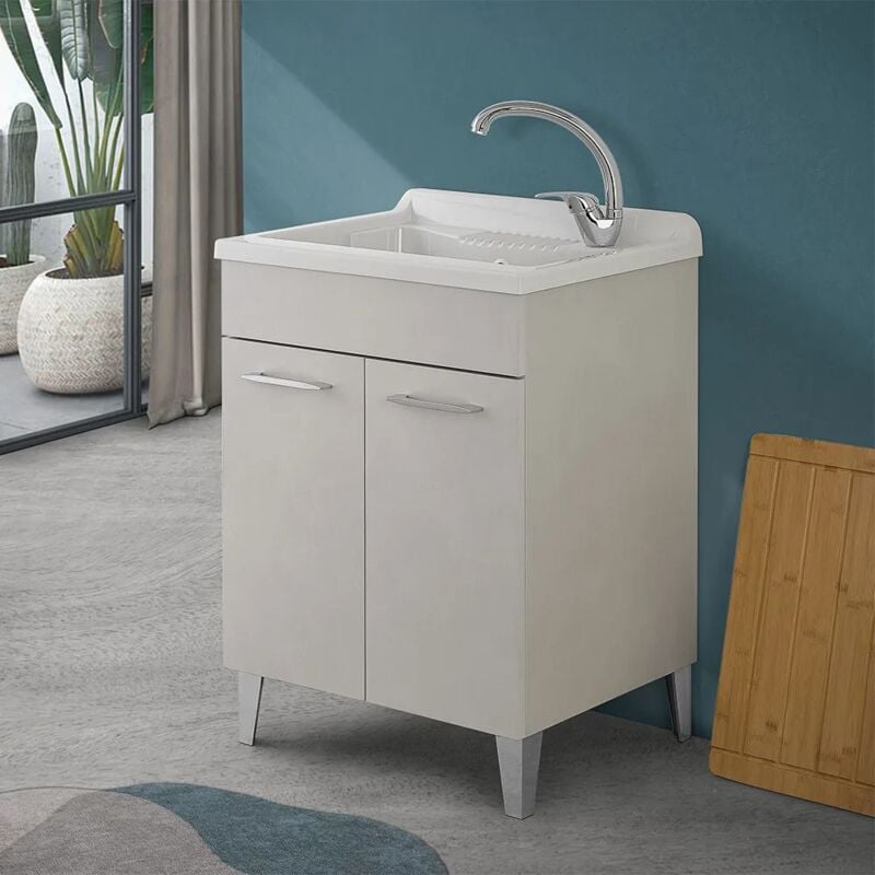 foto del prodotto mobile lavatoio 60x50 cm grigio calce vasca in resina e kit di scarico moon