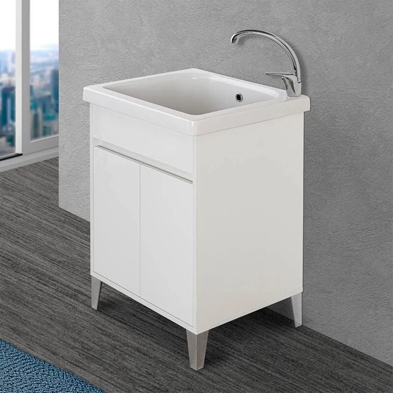 foto del prodotto mobile lavatoio 60x50 cm linea way bianco lucido con vasca e strofinatoio