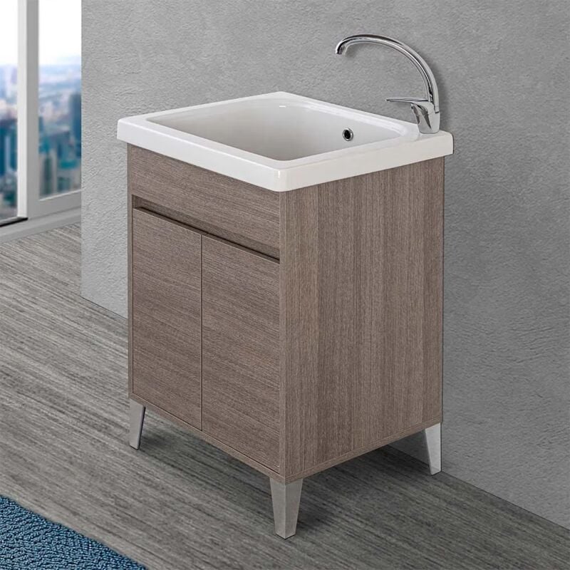 foto del prodotto mobile lavatoio 60x50 cm linea way rovere scuro con vasca e strofinatoio