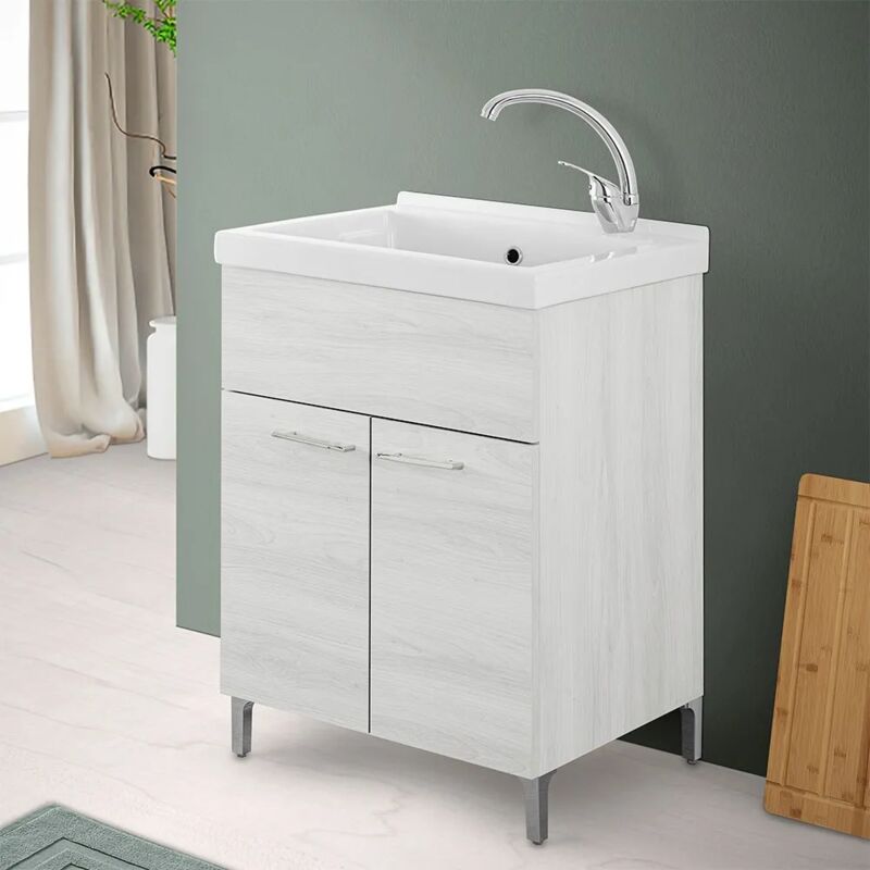 foto del prodotto mobile lavatoio 60x50 cm rovere bianco con vasca lavapanni in ceramica