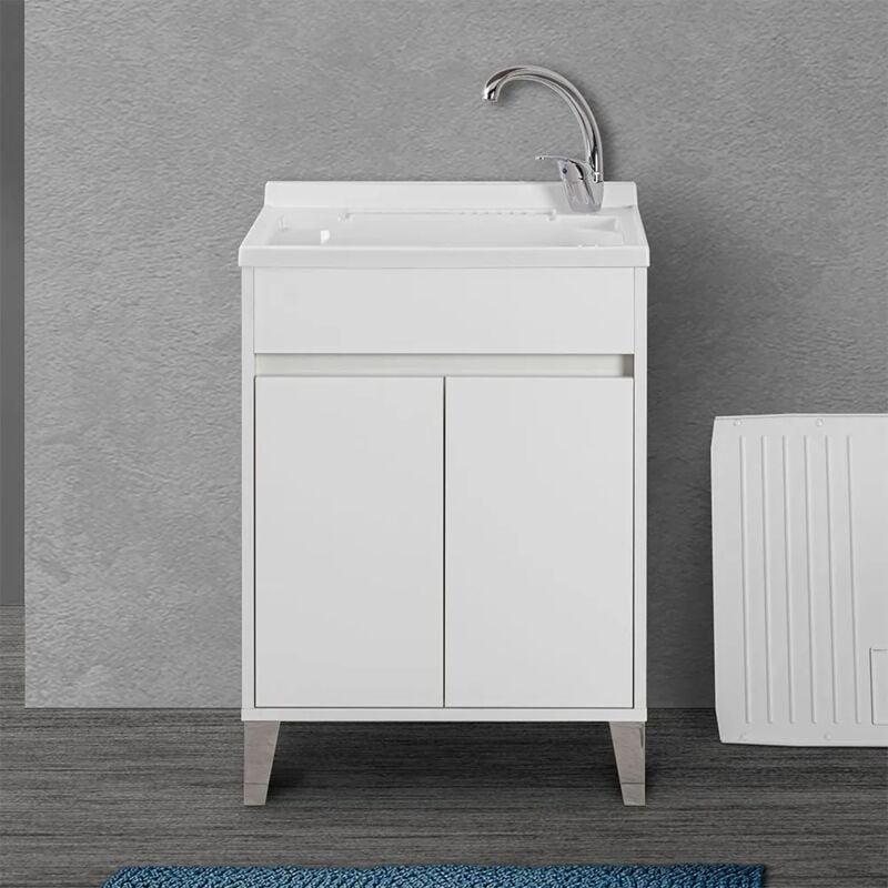 foto del prodotto mobile lavatoio 60x50 way bianco lucido con vasca asse e kit scarico