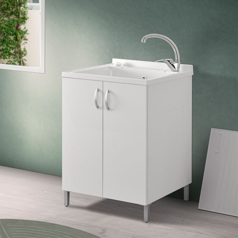 foto del prodotto mobile lavatoio 60x60 cm bianco con vasca asse lavapanni e kit di scarico