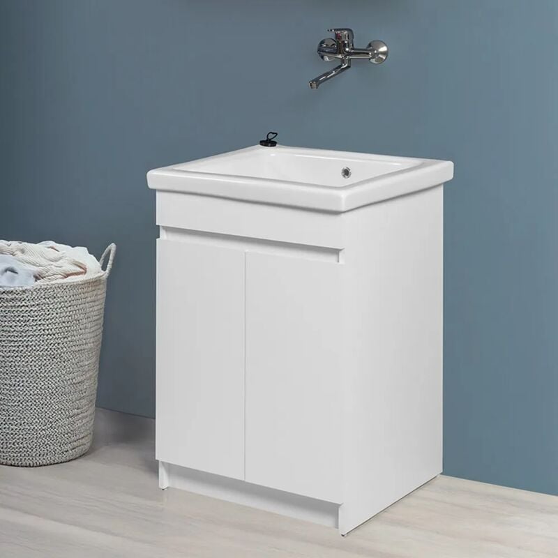 foto del prodotto mobile lavatoio 61x50 cm bianco opaco con vasca in ceramica e strofinatoio