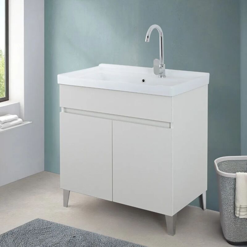 foto del prodotto mobile lavatoio 79x46,8 cm bianco frassinato con vasca in ceramica bianca