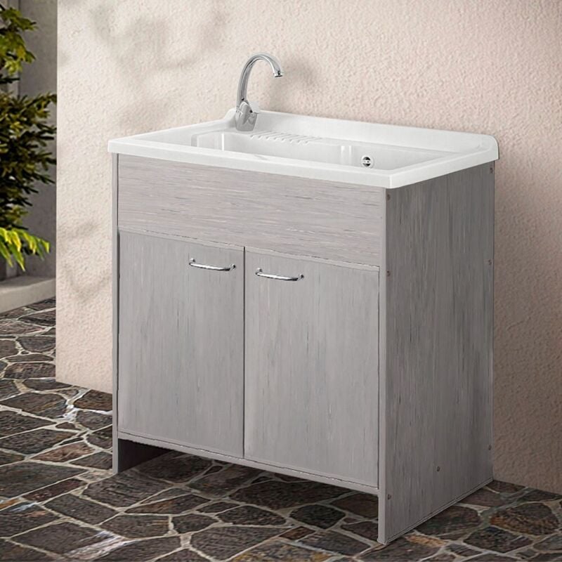 foto del prodotto mobile lavatoio 80 cm in pvc rovere kit di montaggio scarico incluso