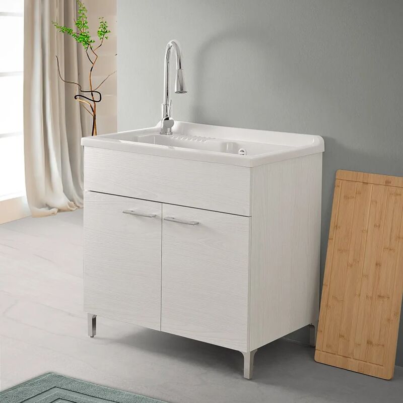 foto del prodotto mobile lavatoio 80x50 cm rovere bianco con vasca e kit di scarico
