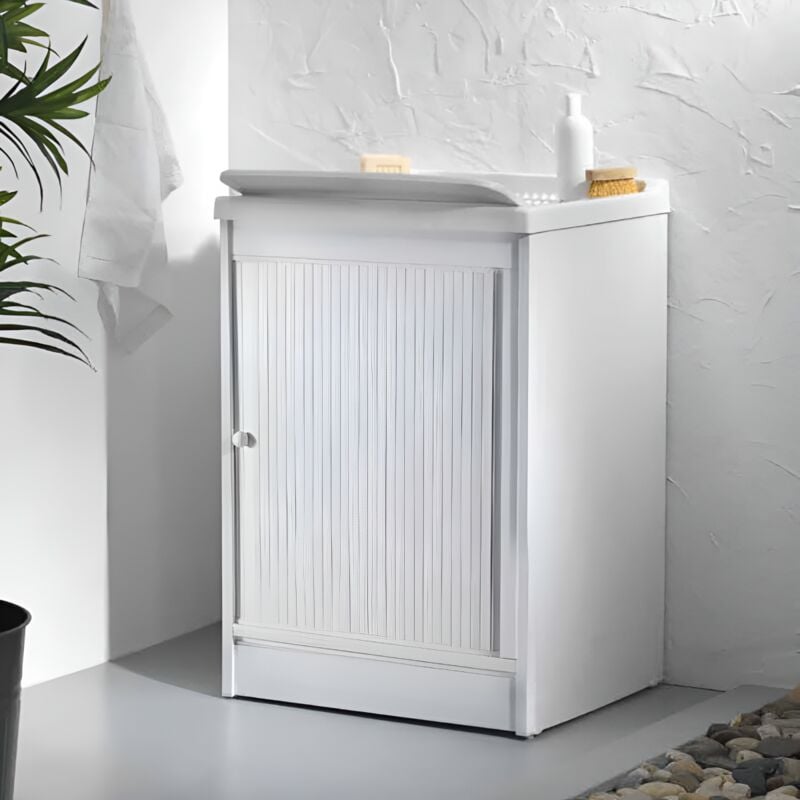 foto del prodotto mobile lavatoio a serrandina in pvc bianco 60x60 cm con vasca in resina