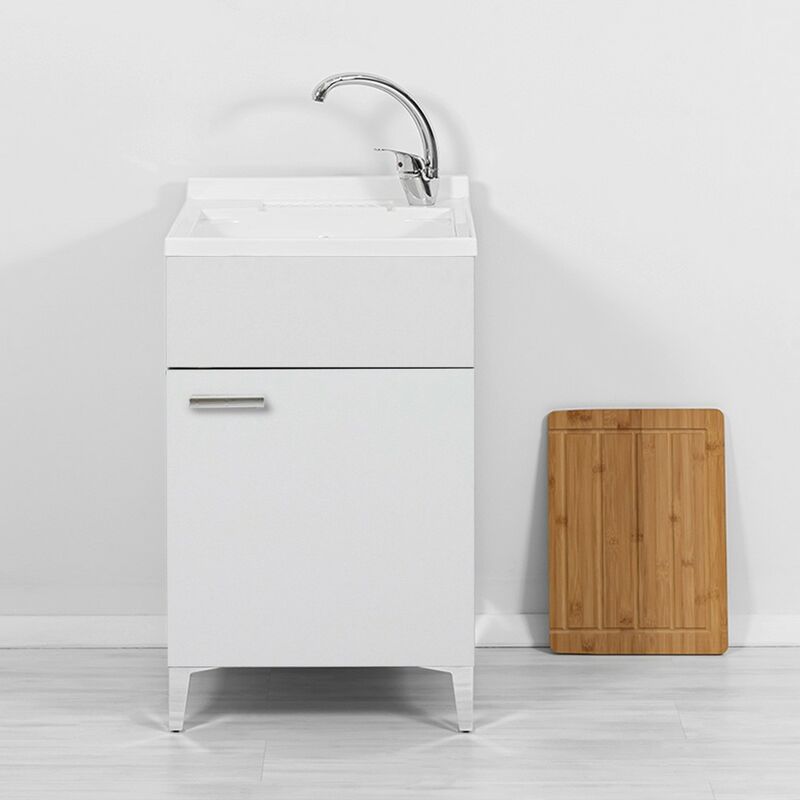 foto del prodotto mobile lavatoio bianco 50x50 cm vasca in resina e asse lavapanni desya