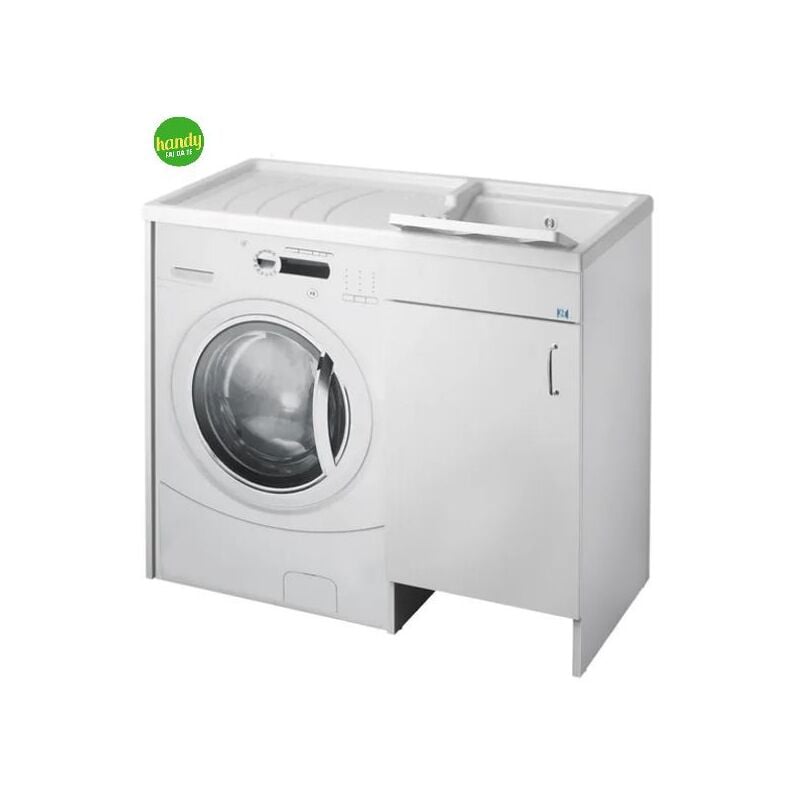 foto del prodotto mobile lavatoio coprilavatrice in bilaminato bianco con lavatrice a sinistra e vasca a destra coprilavatrice a sx e vasca a dx l 109cm p 60cm h 92cm