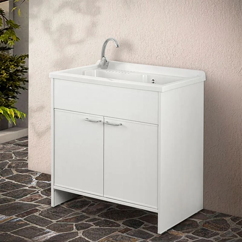 foto del prodotto mobile lavatoio esterno 80x50 bianco con vasca in resina
