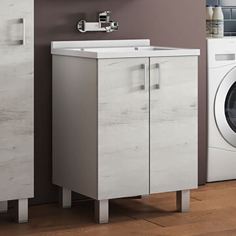 foto del prodotto mobile lavatoio in legno quercia bianco a 2 ante con vasca in metacrilato 60x50 cm