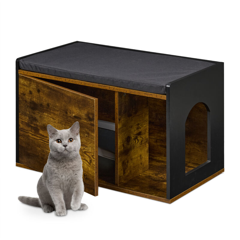 foto del prodotto mobile lettiera per gatti, panchina armadietto con 2 ingressi, 45,5x75x43 cm, casetta per micio, marrone nero relaxdays