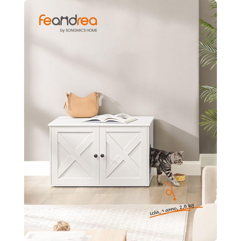 foto del prodotto mobile lettiera per gatti, toeletta per gatti con divisorio rimovibile, cassetta per gatti per interno, tavolino, 80 x 53 x 50 cm, bianco feandrea