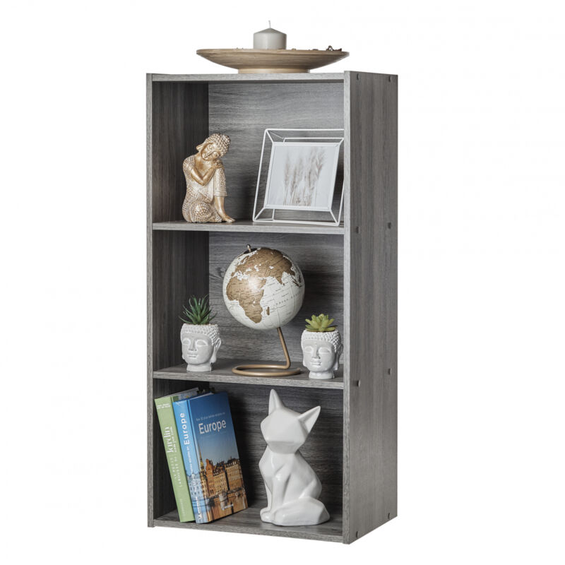 foto del prodotto mobile, libreria, scaffale angolare da parete in legno, 3 livelli, grigio, polivalente, modulare, aperto, per soggiorno, ufficio, camera, libri, cd,