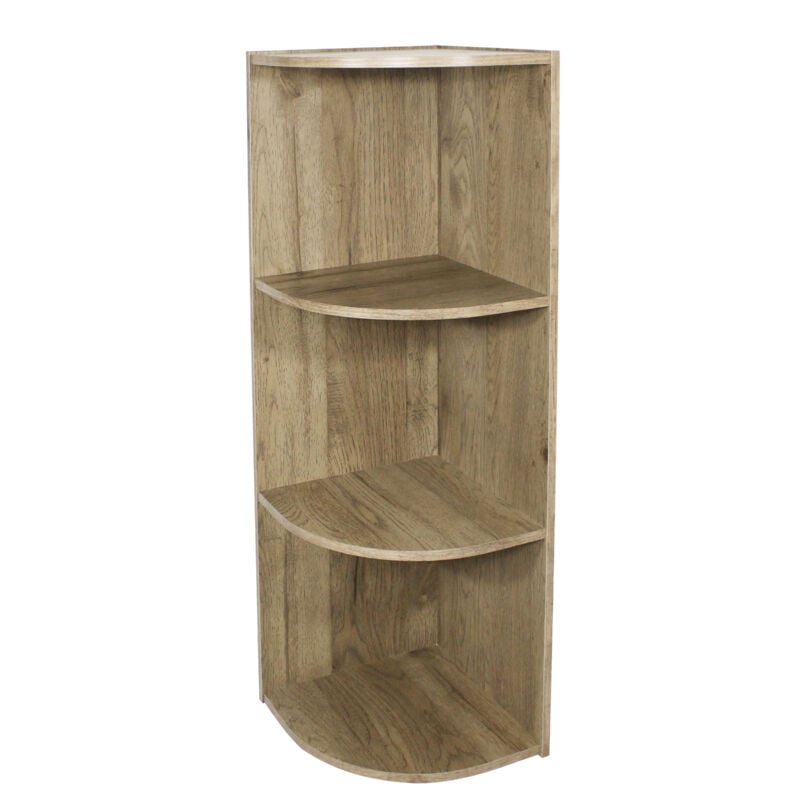 foto del prodotto mobile, libreria, scaffale angolare da parete in legno, 3 livelli, marrone cenere, polivalente, modulare, aperto, per soggiorno, ufficio, camera,