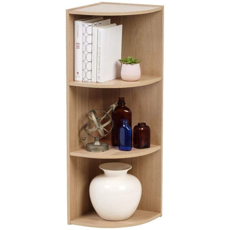 foto del prodotto mobile, libreria, scaffale angolare da parete in legno, 3 livelli, marrone chiaro, polivalente, modulare, aperto, per soggiorno, ufficio, camera,