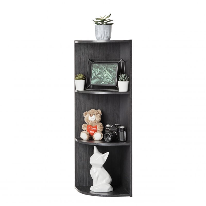 foto del prodotto mobile, libreria, scaffale angolare da parete in legno, 3 livelli, nero, polivalente, modulare, aperto, per soggiorno, ufficio, camera, libri, cd,