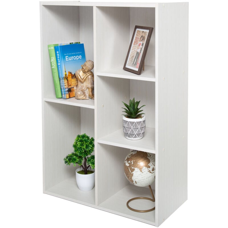 foto del prodotto mobile, libreria, scaffale angolare da parete in legno, 5 livelli, bianco, polivalente, modulare, aperto, per soggiorno, ufficio, camera, libri, cd,