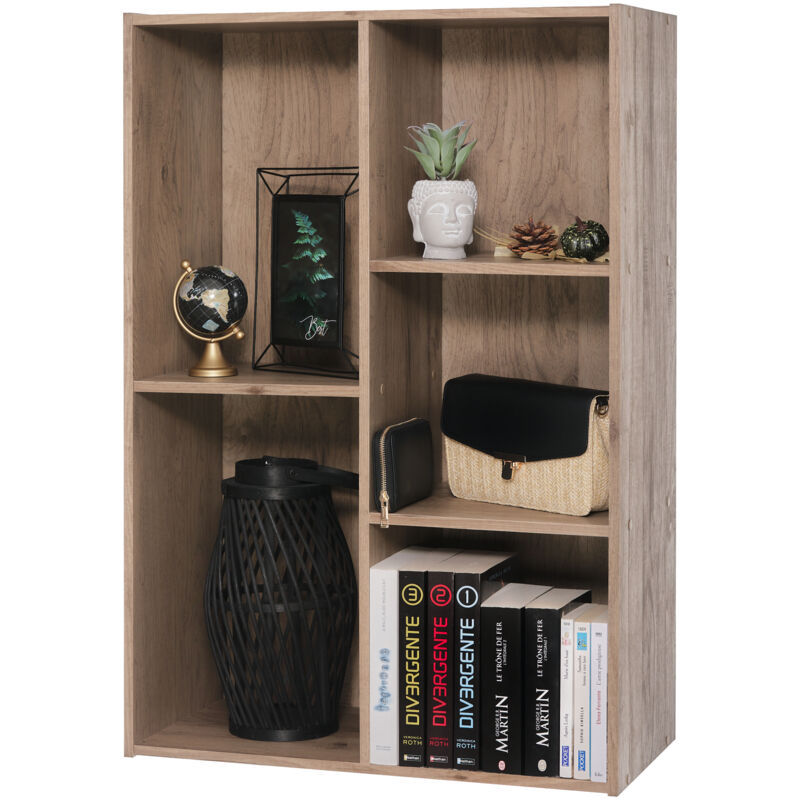 foto del prodotto mobile, libreria, scaffale angolare da parete in legno, 5 livelli, marrone cenere, polivalente, modulare, aperto, per soggiorno, ufficio, camera,