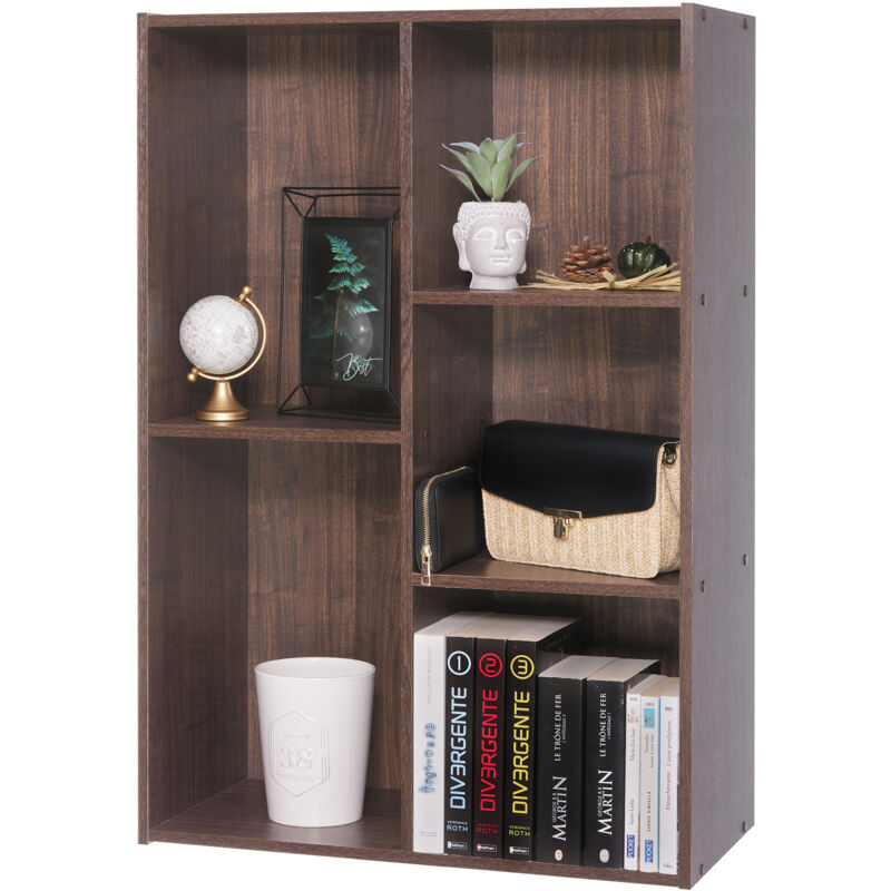 foto del prodotto mobile, libreria, scaffale angolare da parete in legno, 5 livelli, marrone, polivalente, modulare, aperto, per soggiorno, ufficio, camera, libri, cd,