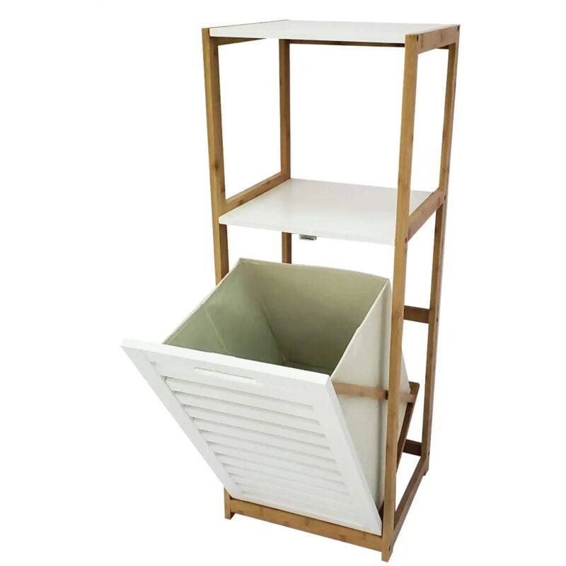 foto del prodotto mobile mobiletto cesta biancheria con 2 ripiani in legno 36x33x98cm bianco