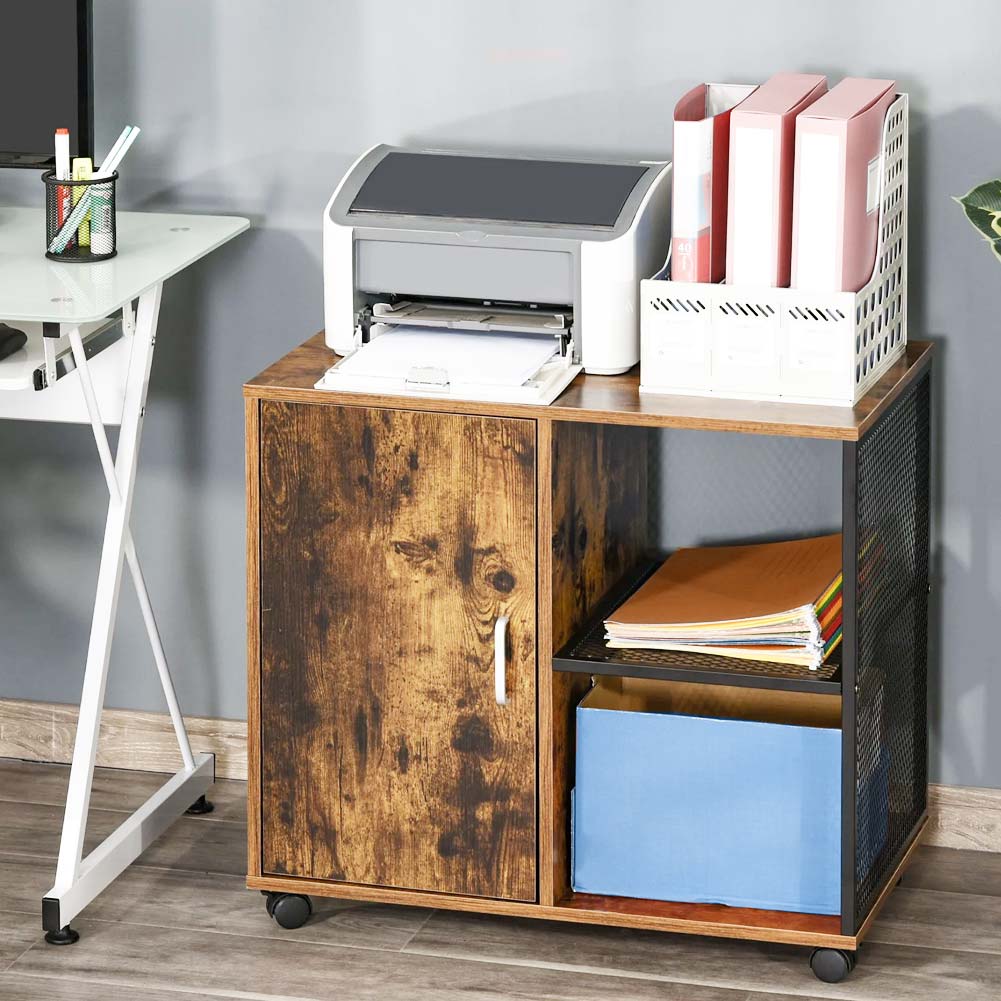 foto del prodotto mobile mobiletto stampante legno mdf e metallo 3 ripiani anta design moderno