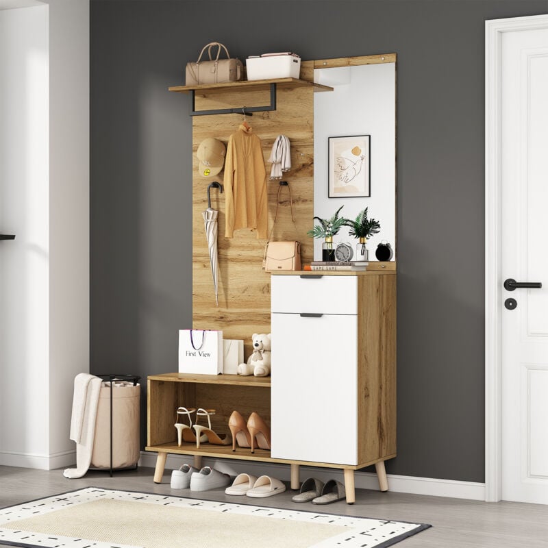 foto del prodotto mobile multifunzionale in legno alto 190 cm con specchio, scarpiera, scarpiera, cassetto, ripiano e appendiabiti design moderno con cerniere