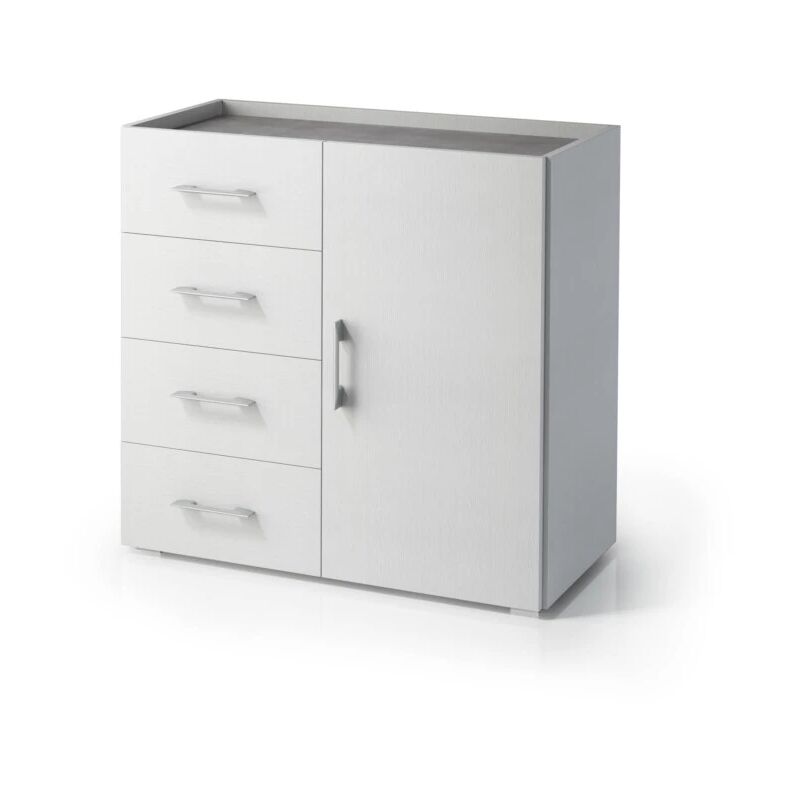 foto del prodotto mobile multiuso con anta e 4 cassetti bianco e cemento, 90x40x87 cm