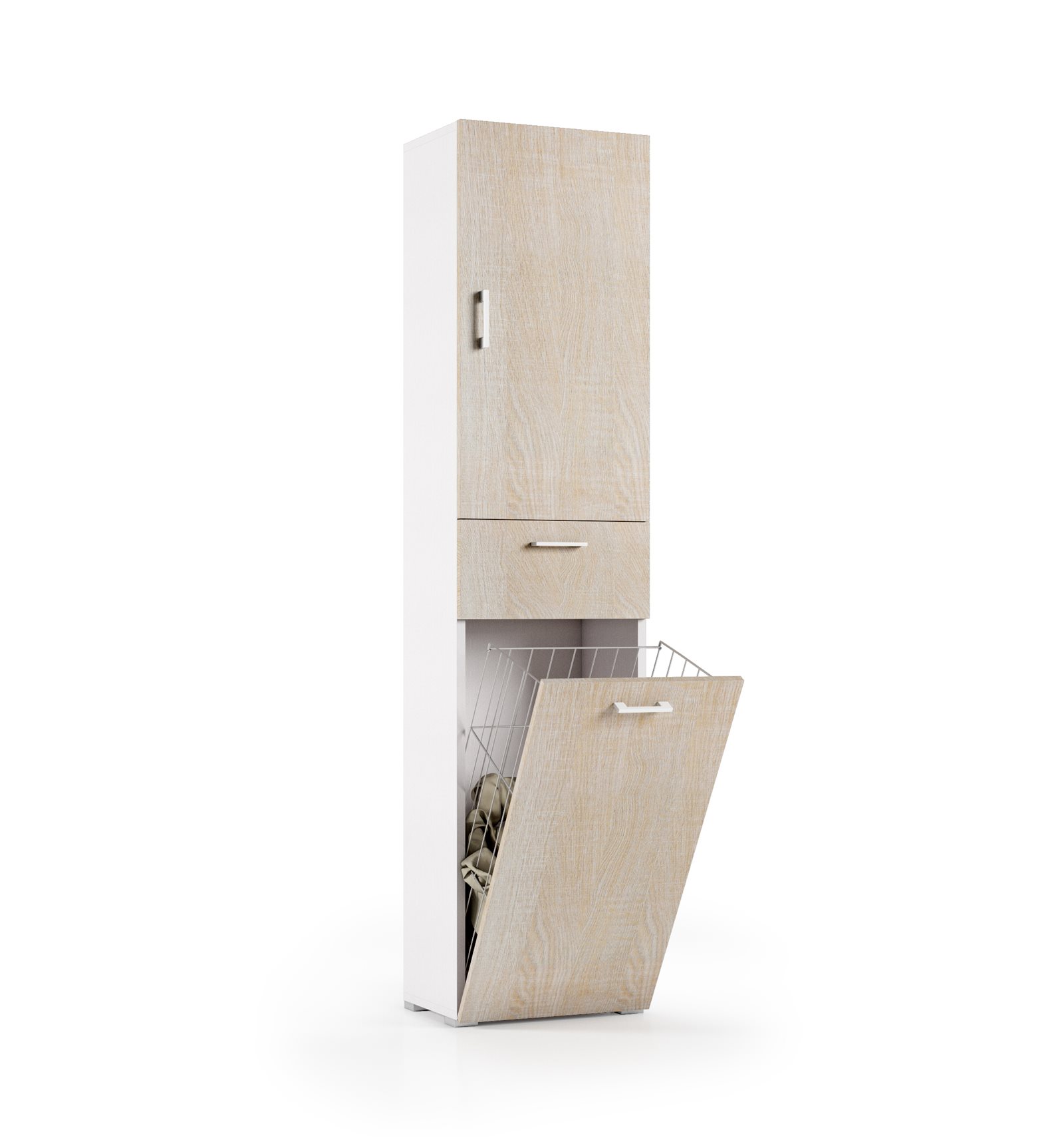 foto del prodotto mobile multiuso con cestello porta biancheria bianco anta rovere