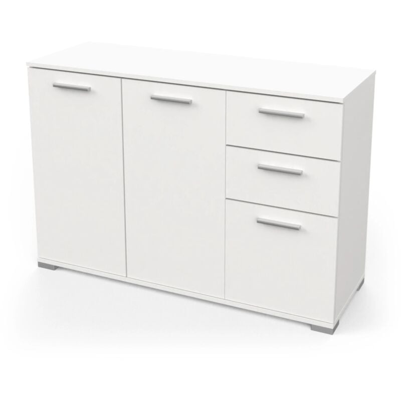 foto del prodotto mobile multiuso izzy in truciolare 3 ante e 2 cassetti bianco opaco, 119,6x41,9x82,4 cm