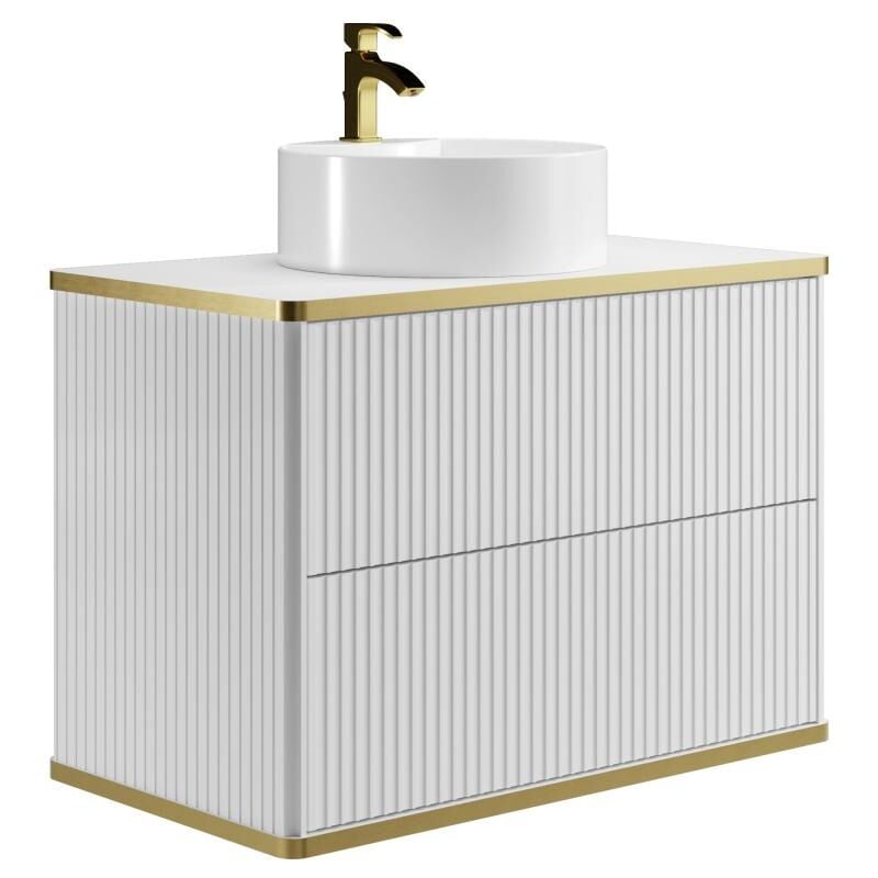 foto del prodotto mobile per bagno sospeso con scanalature con profilo dorato e lavabo da appoggio tondo bianco 80 cm keliza